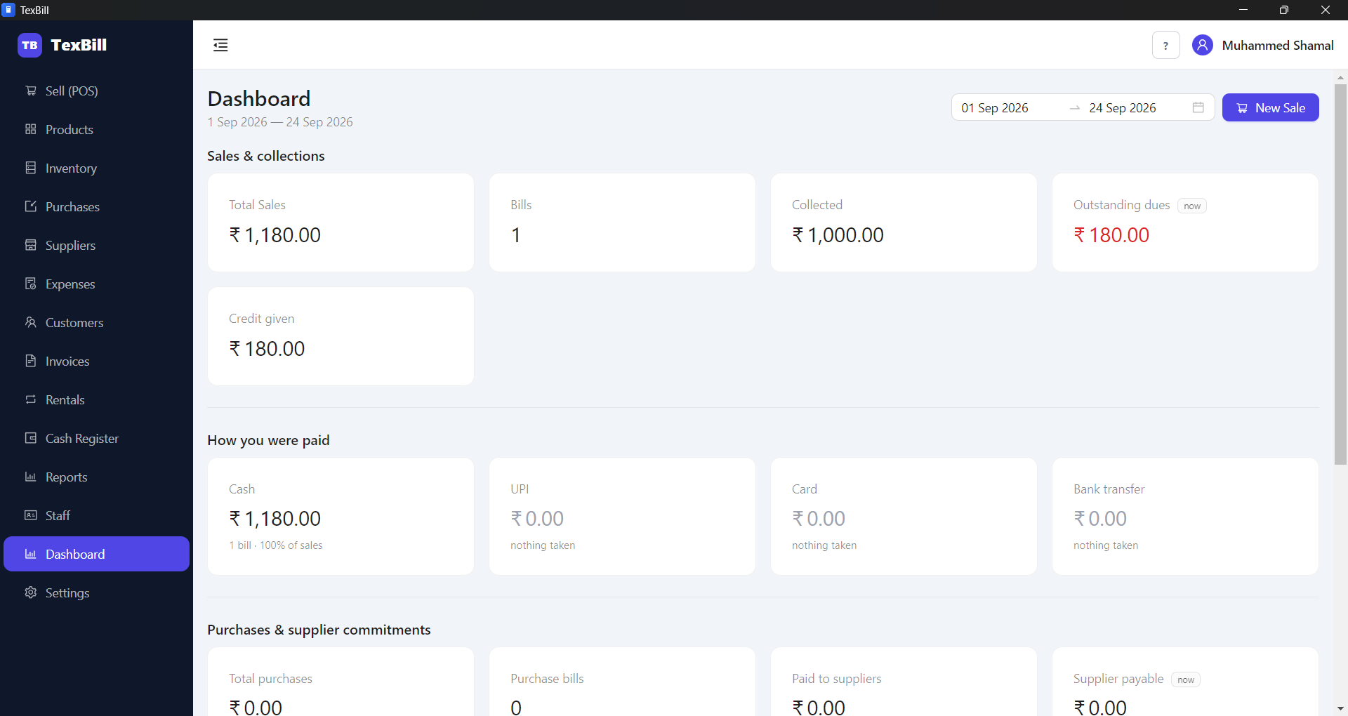 The TexBill dashboard, showing sales and collections, purchases and supplier commitments, and inventory health for a shop.