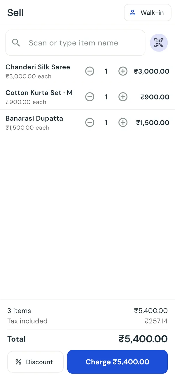 Android app billing screen with a bill of three items.